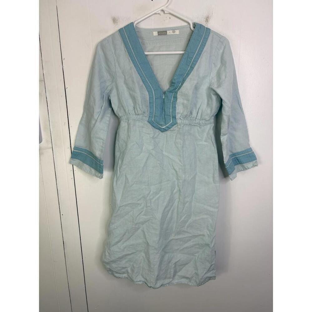 Athleta Dress Womens XS Lanai Linen Light Blue Embroidered Neckline Travel
